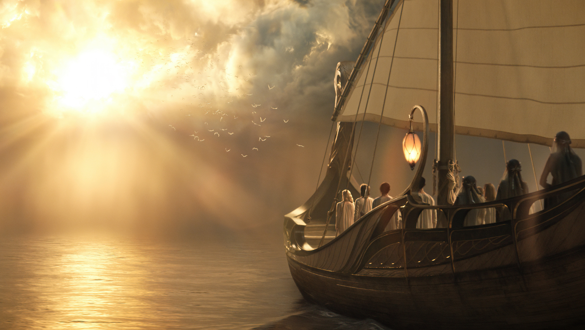 Una nave che naviga in lontananza nella Terra di Mezzo da The Rings of Power.