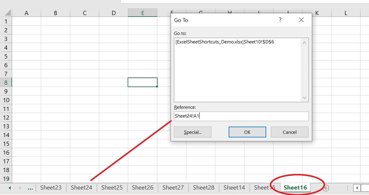 Creazione di un riferimento tra fogli in una cartella di lavoro di Excel.