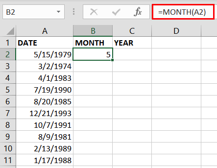 MESE funzione per ottenere il mese da una data