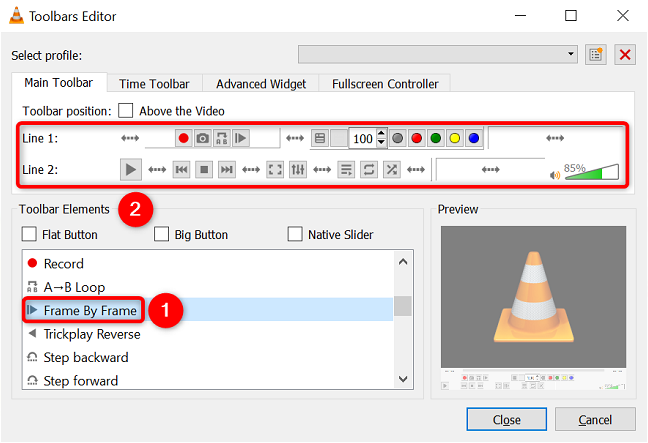 Aggiungi il pulsante "Fotogramma per fotogramma" all'interfaccia VLC.