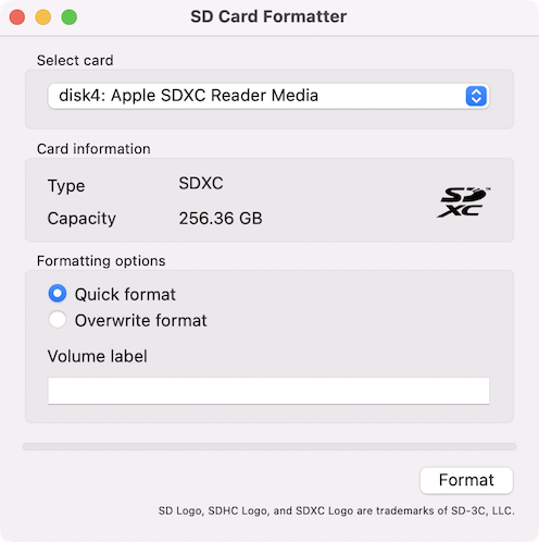 Formattatore di schede di memoria per associazione schede SD per macOS