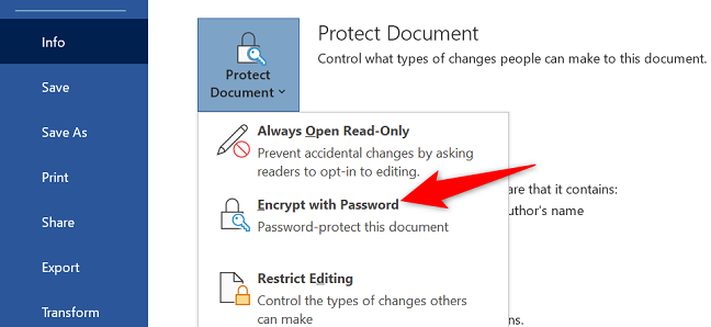 Seleziona Proteggi documento > Crittografa con password.