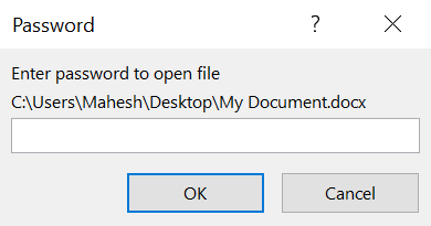 Prompt "Password" di Microsoft Word.
