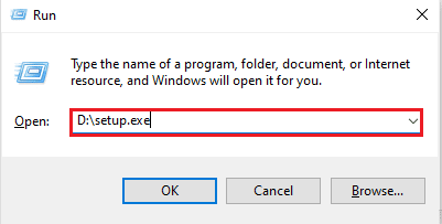 Digitare D setup.exe nella finestra di dialogo Esegui. Correggi il codice di errore di aggiornamento di VMware Tools 21001 in Windows 10