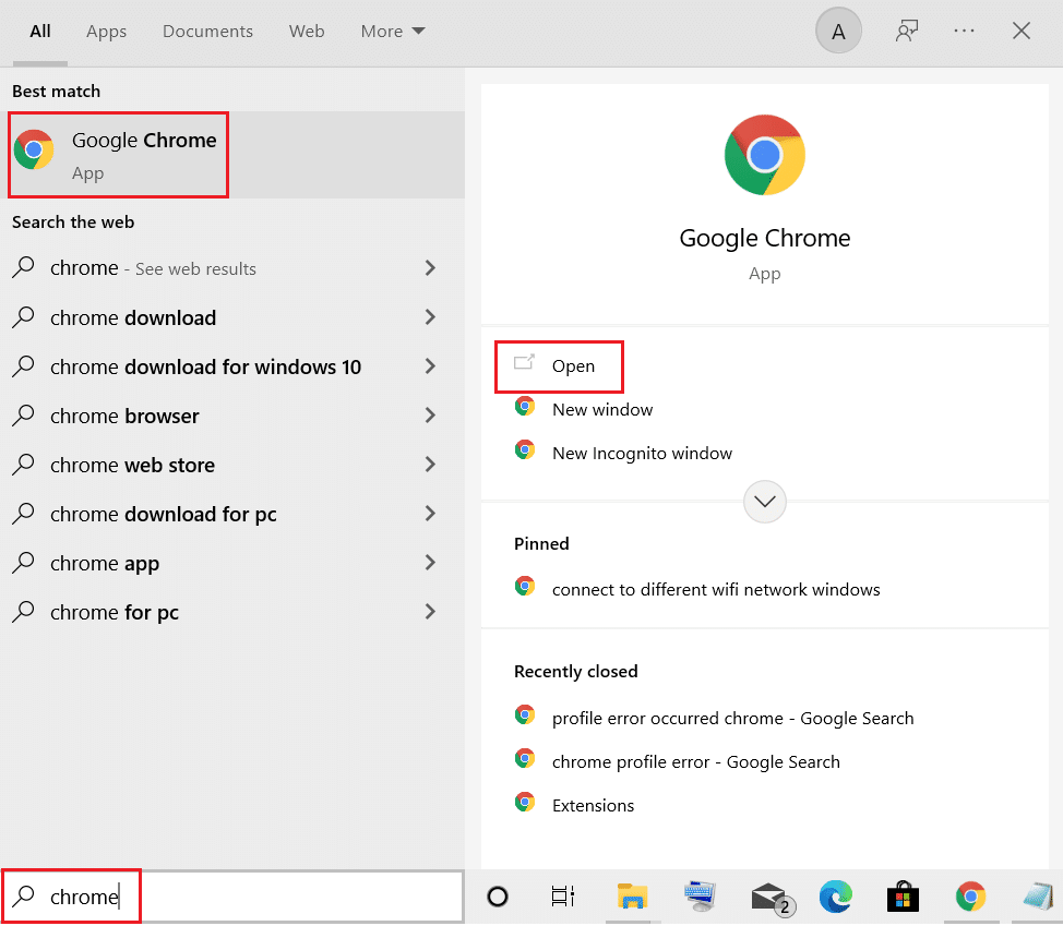apri Google Chrome dal menu di ricerca di Windows
