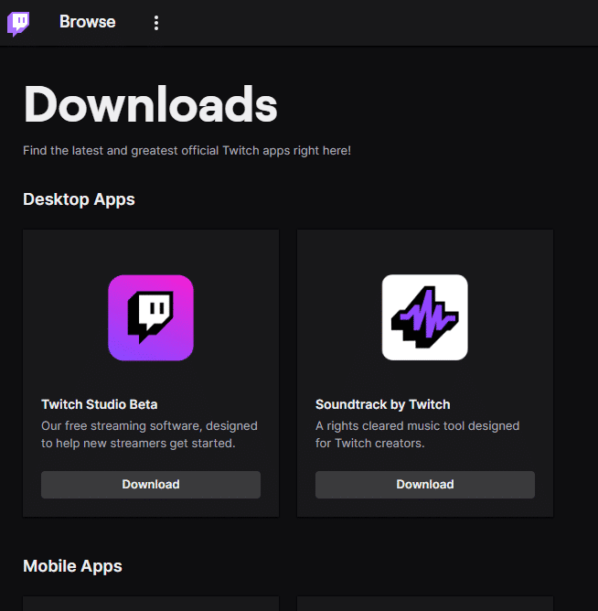 Pagina di download di Twitch. Risolto il problema con Twitch incapace di connettersi alla chat