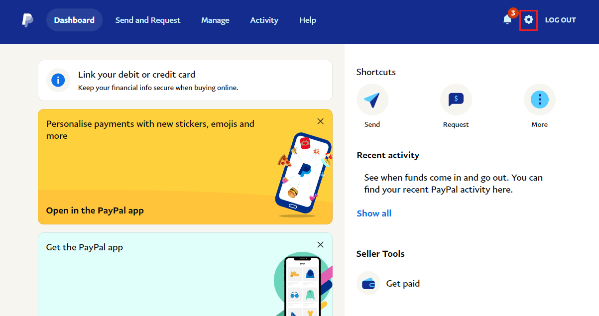 Fare clic sull'icona a forma di ingranaggio Impostazioni. Risolto il problema con PayPal incapace di elaborare la richiesta