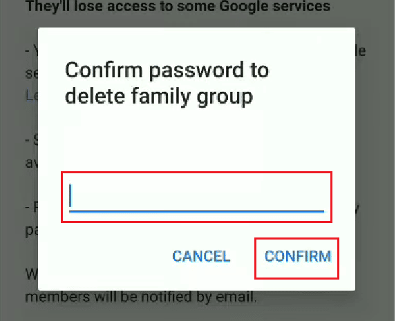 Inserisci la tua password e tocca CONFERMA per eliminare il gruppo con successo