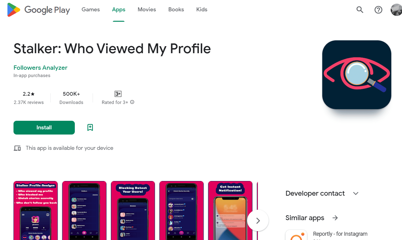 Stalker che ha visualizzato l'app Il mio profilo sul Play Store