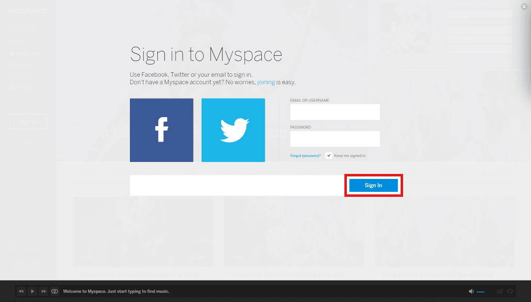 Inserisci il tuo nome utente e password e clicca su accedi. | Myspace esiste ancora? | vecchi account Myspace ancora attivi