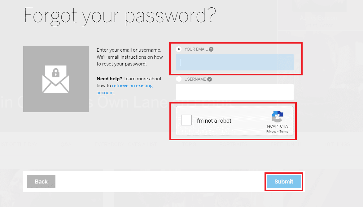 Immettere l'indirizzo e-mail, verificare il reCAPTCHA e fare clic su Invia