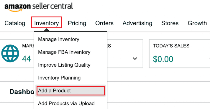 Dalla home page del tuo Account venditore, fai clic su Inventario - Aggiungi un prodotto