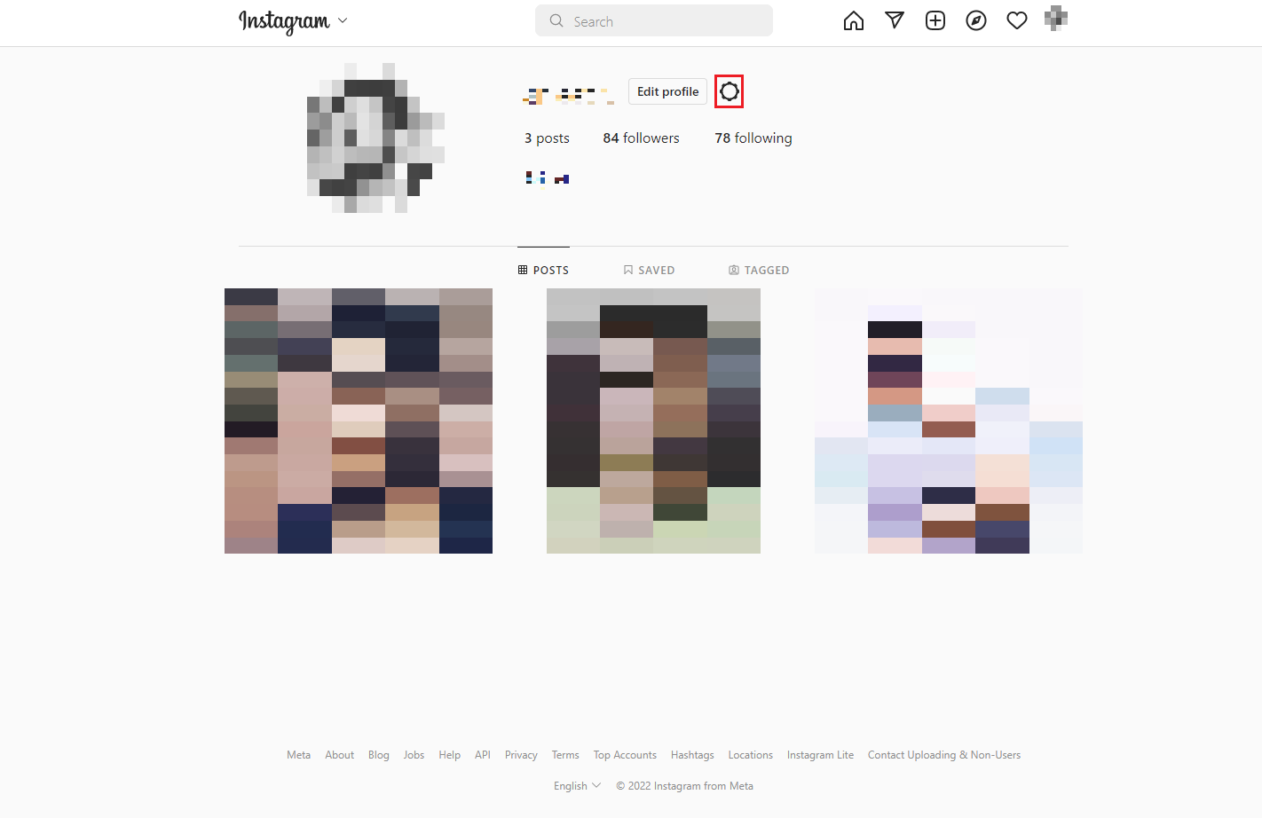 fare clic sull'icona a forma di ingranaggio nella pagina desktop del profilo instagram