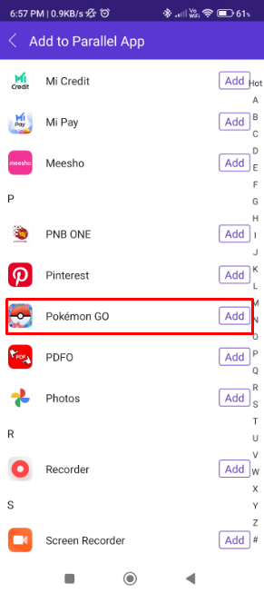 scorri verso il basso per individuare e tocca il pulsante Aggiungi accanto all'app Pokemon GO | collega più account Pokemon GO