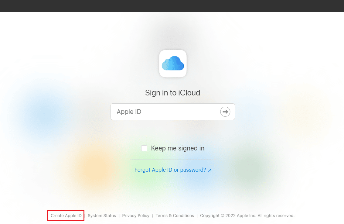 Fai clic su Crea ID Apple nella parte inferiore della pagina di accesso di iCloud | Come accedere al tuo account iCloud