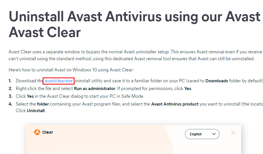 fare clic su avastclear.exe per ottenere l'utilità di disinstallazione di Avast