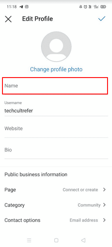 Tocca il pulsante Modifica profilo ed elimina il nome esistente | Come cambiare il tuo nome su Instagram
