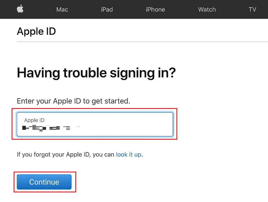 Inserisci il tuo ID Apple nel campo fornito e fai clic su Continua