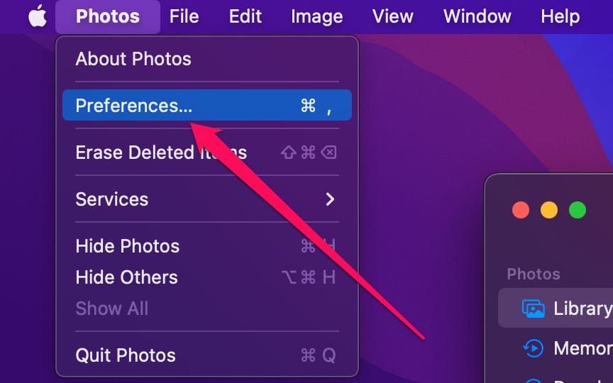 Il menu "Foto" su Mac, con l'opzione "Preferenze" evidenziata.