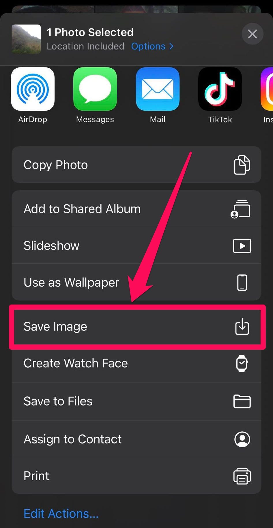 Il pop-up che appare quando tocchi l'icona di caricamento nell'app Foto su iPhone, con l'opzione "Salva immagine" evidenziata.