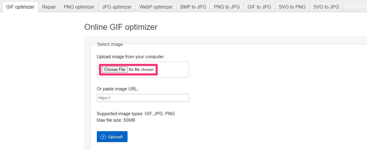 Screenshot dell'ottimizzatore GIF con l'opzione Scegli file evidenziata.