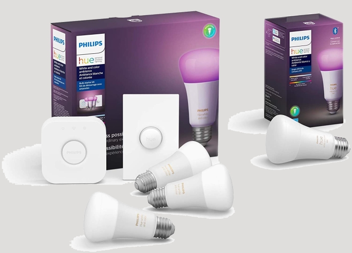 Starter kit Philips Hue White e Color LED Smart Button con lampadina Philips Hue White e Color Ambiance A19 LED Smart.