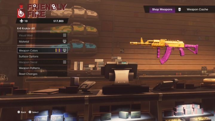 Un giocatore che cambia il colore della sua pistola a Friendly Fire a Saints Row.