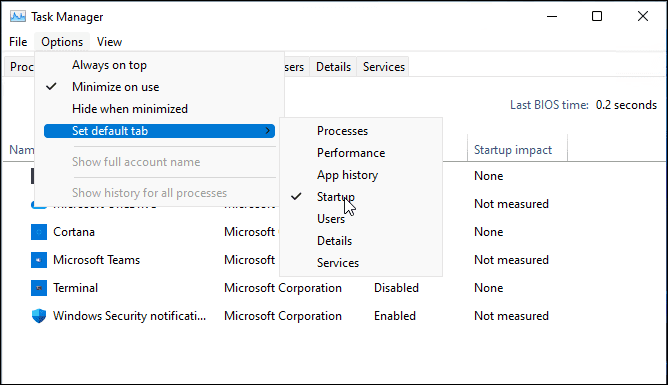 Modifica la pagina di avvio di Task Manager su Windows 11