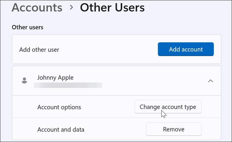 Modifica il tipo di account su Windows 11