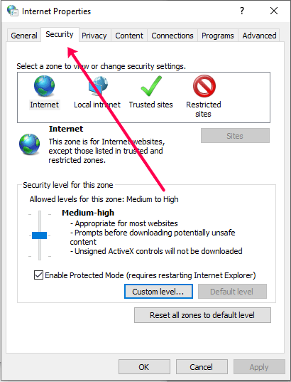 ActiveX su Chrome: fai clic sulla scheda Sicurezza.
