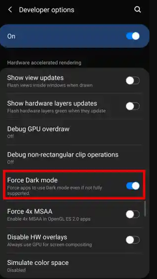 Per abilitare la modalità Force Dark su Android