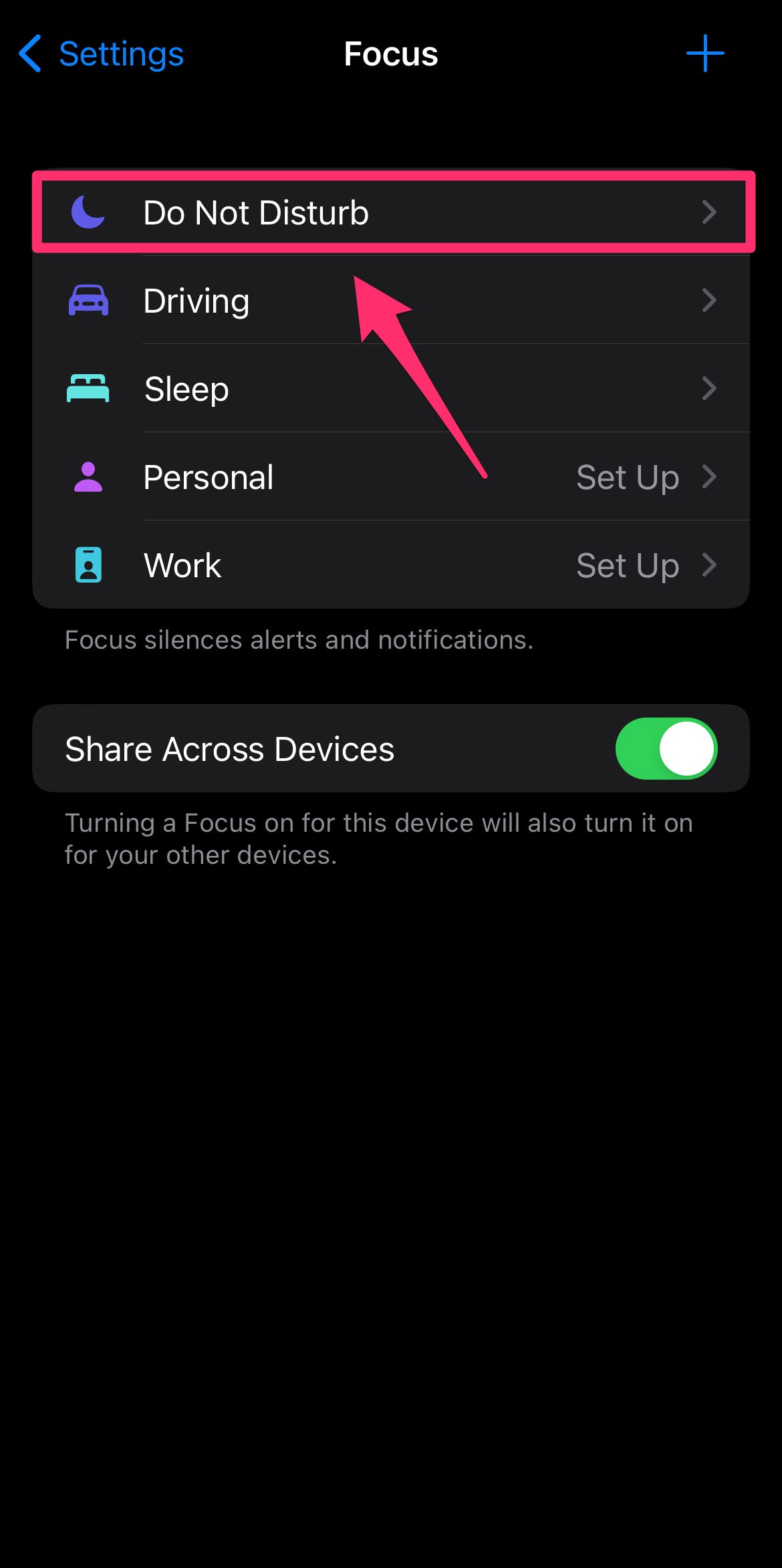 Menu Focus di iPhone con il pulsante Non disturbare evidenziato con una casella e una freccia.