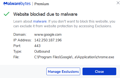 Malwarebytes che blocca google.com