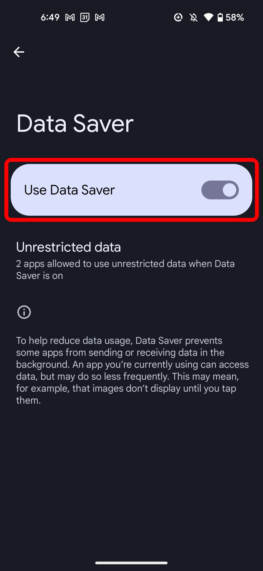Il menu "Risparmio dati" su un telefono Android.