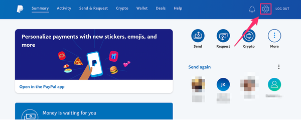 Screenshot della pagina Riepilogo dell'account PayPal con l'icona a forma di ingranaggio evidenziata