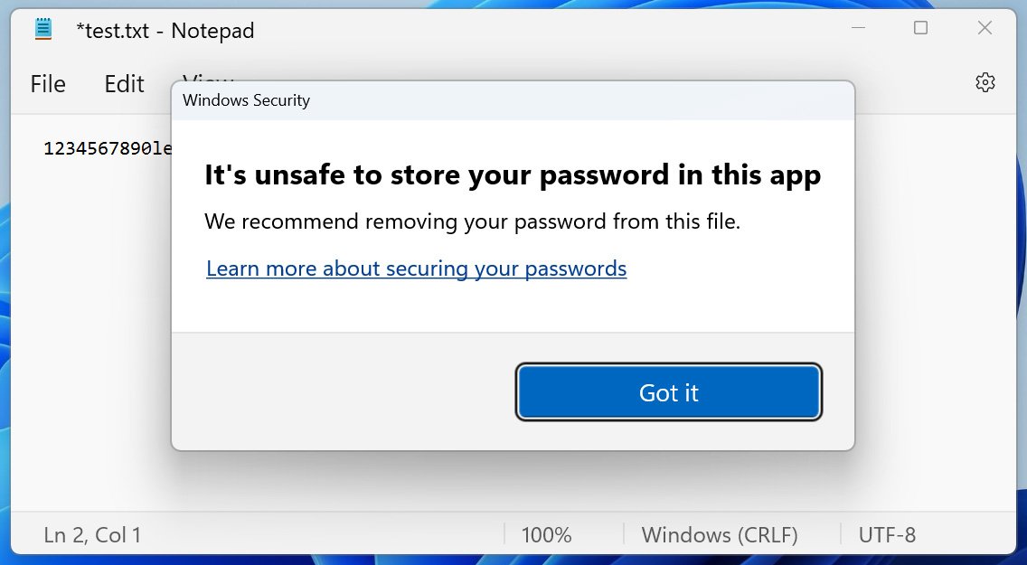 Avviso di Windows 11 quando inserisci la password nel Blocco note