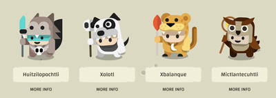 I quattro personaggi giocabili in La discesa del serpente di Google. Un personaggio dei cartoni animati è travestito da ogni animale: un lupo, un cane, un giaguaro e un gufo.