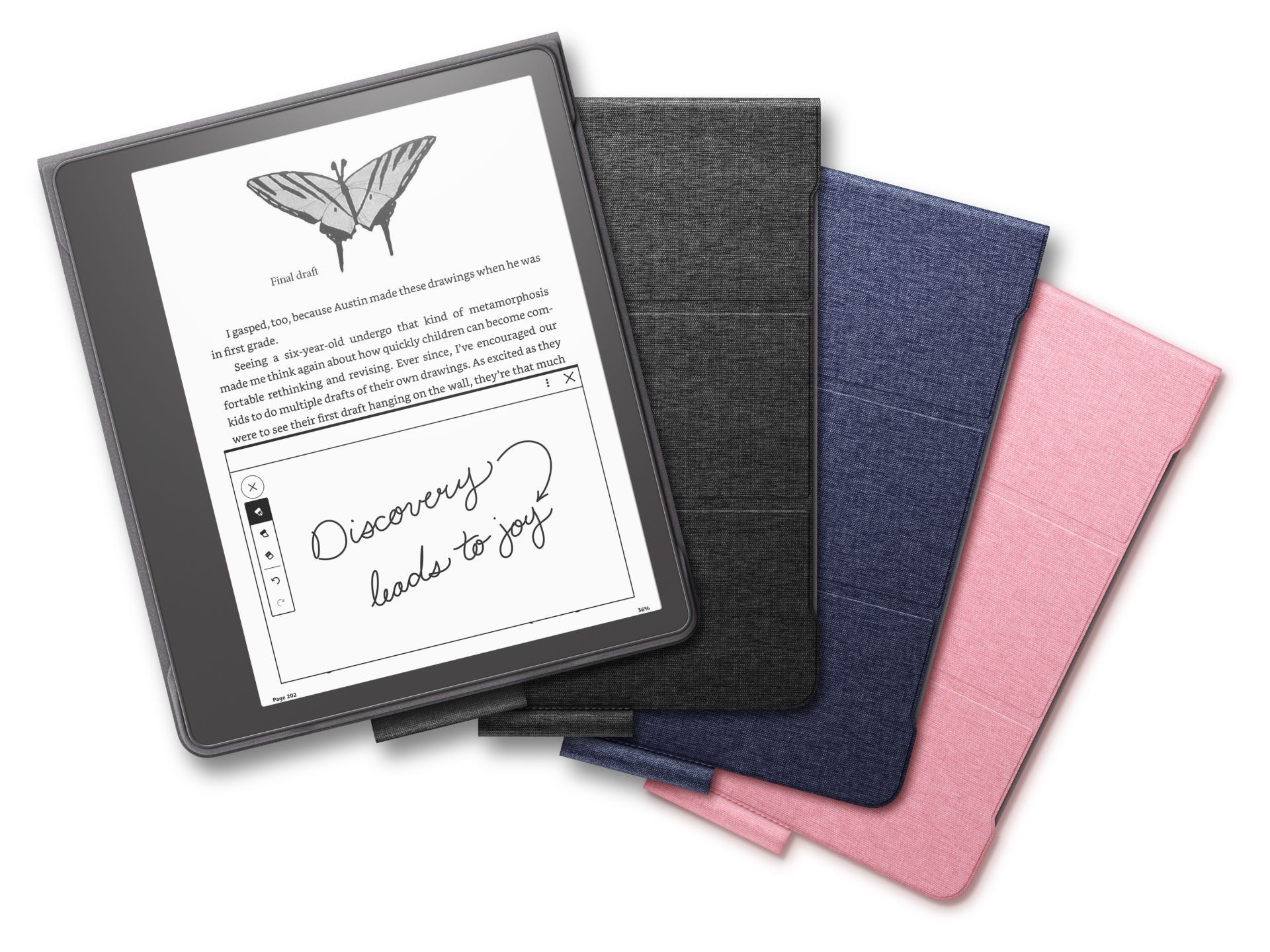 L'e-reader Amazon Kindle Scribe con opzioni per rivestimenti in pelle, pelle premium e tessuto.