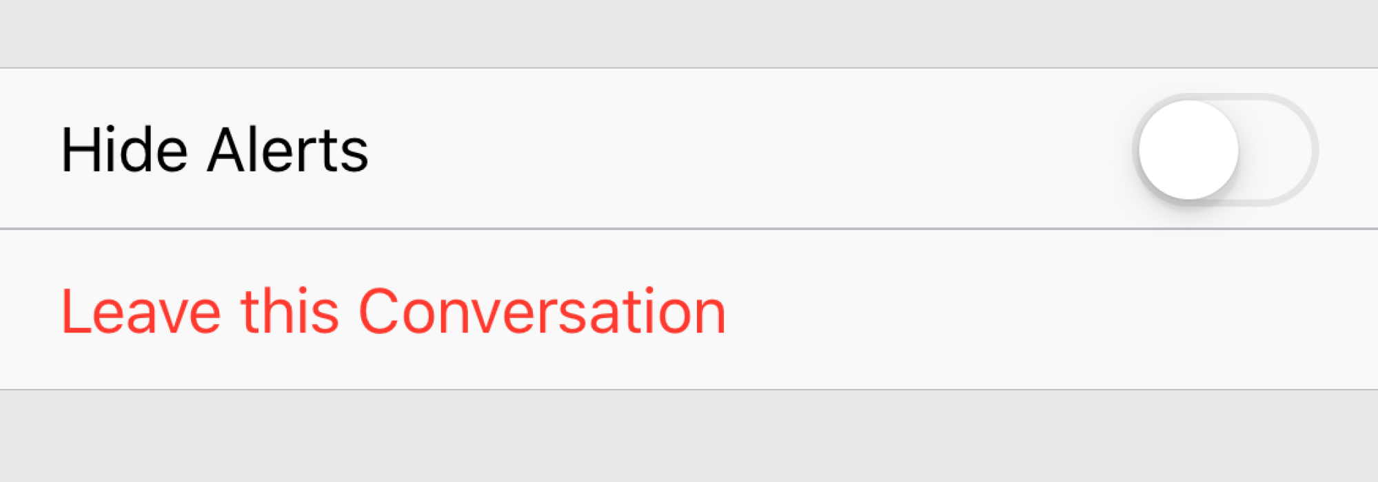 Screenshot del pulsante lascia questa conversazione nella chat di gruppo di iMessage