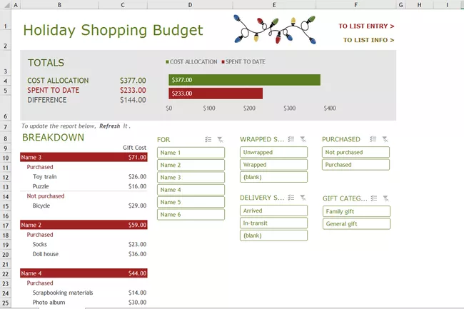 Modello di budget per lo shopping natalizio da Excel