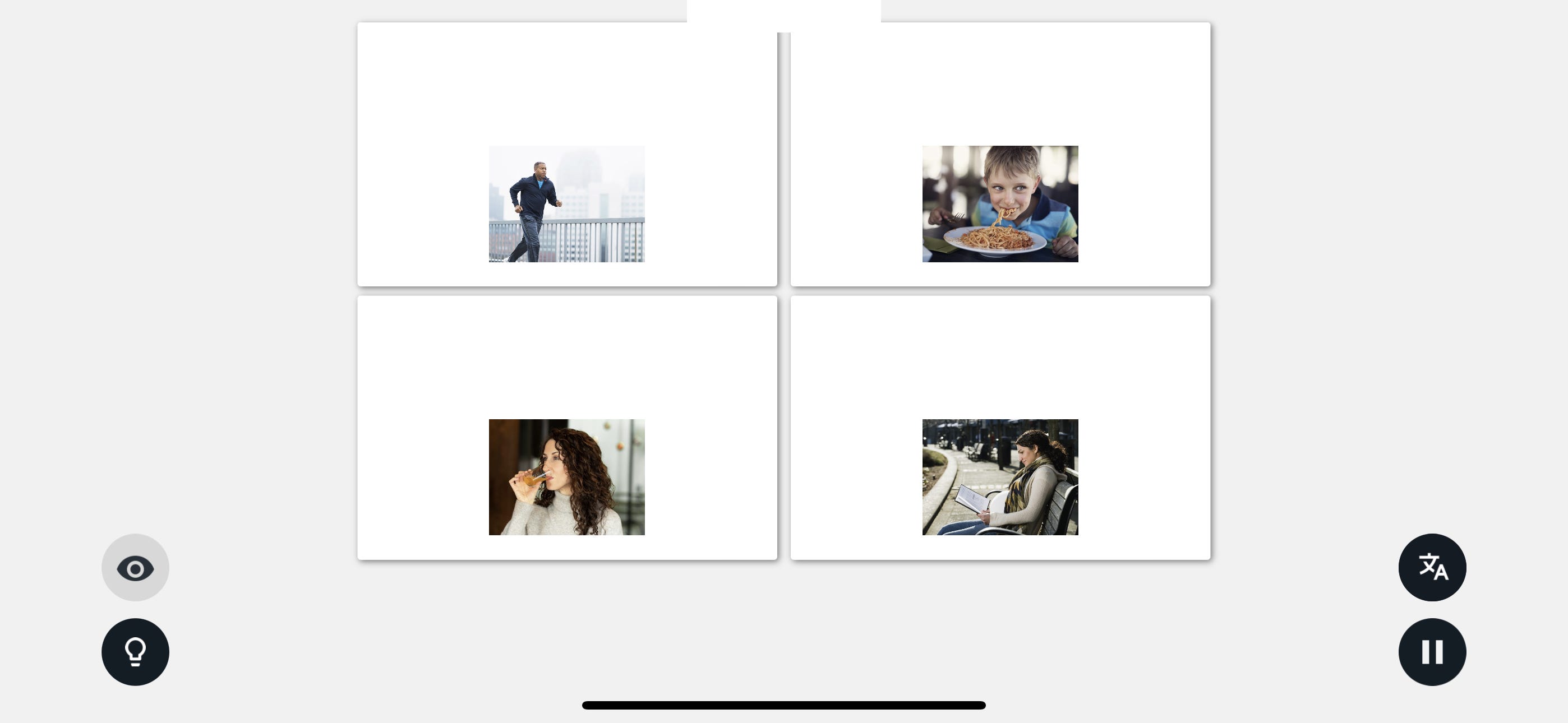 Screenshot dell'app per l'apprendimento delle lingue di Rosetta Stone, che mostra quattro flashcard con immagini di persone su di esse.
