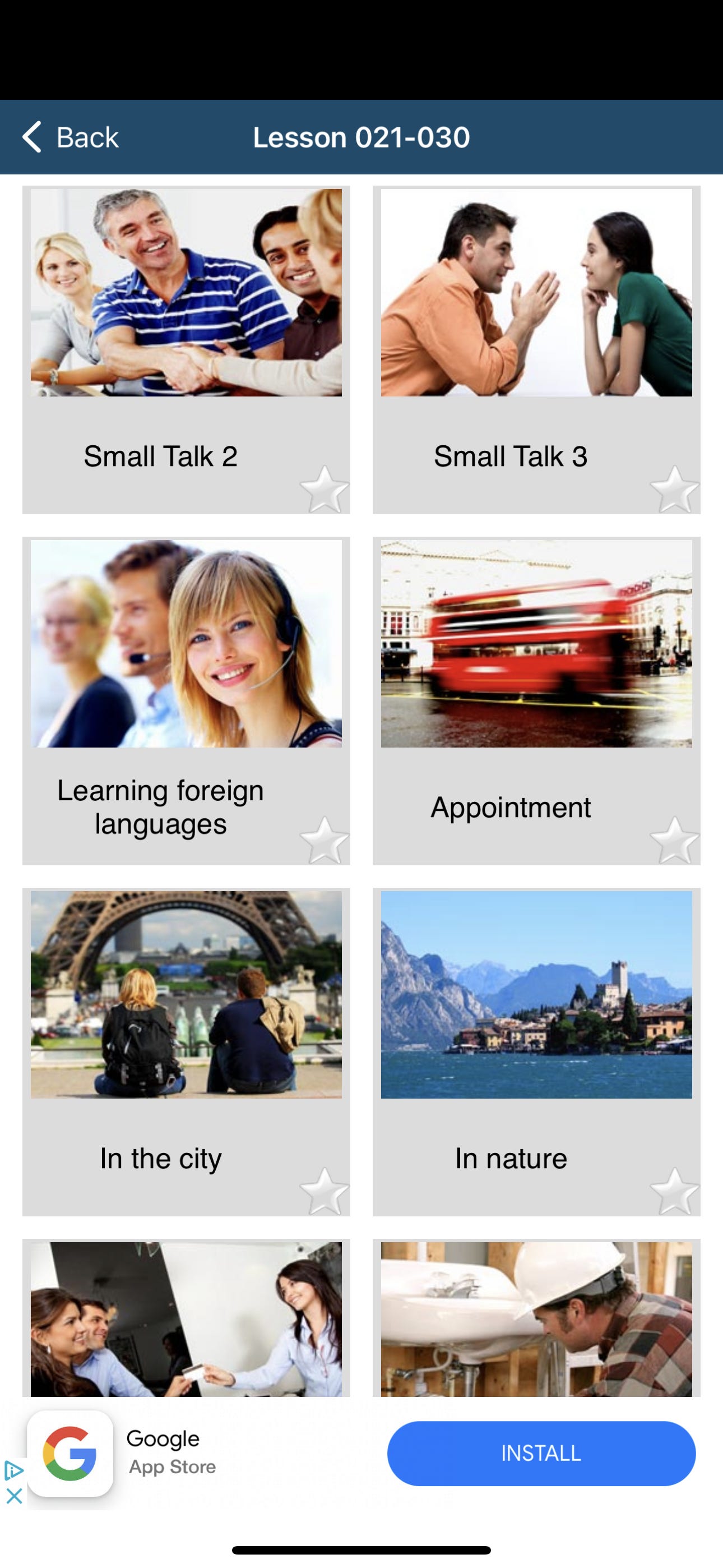 Screenshot dell'app per l'apprendimento delle lingue 50 lingue con lezioni organizzate in base al focus della conversazione, tra cui "chiacchiere", "in città" e "appuntamento"