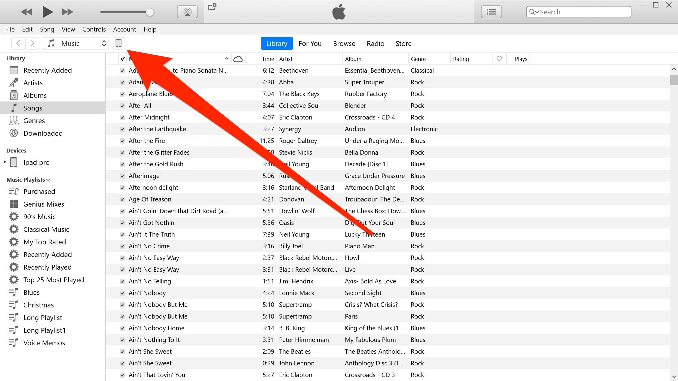 Screenshot dell'icona del dispositivo in iTunes su PC