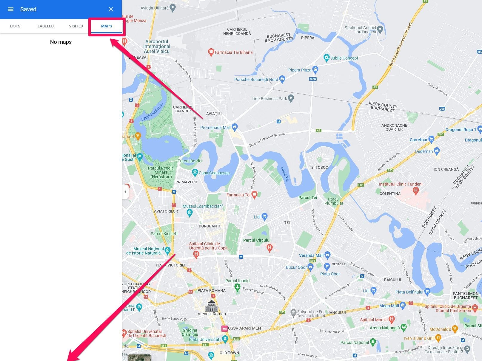 Menu "I tuoi luoghi" in Google Maps sul desktop, con l'opzione "Mappe" e "Crea mappa" evidenziata in un riquadro rosa acceso con le frecce che puntano su ciascuno di essi.