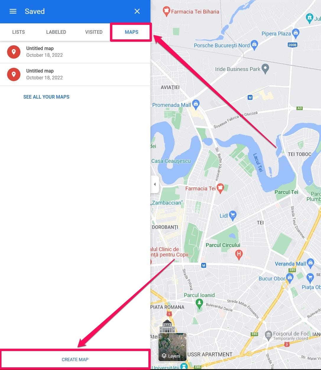 Mappe salvate evidenziate in una casella rosa acceso con una freccia puntata su di essa nella scheda "I tuoi luoghi" in Google Maps sul desktop.