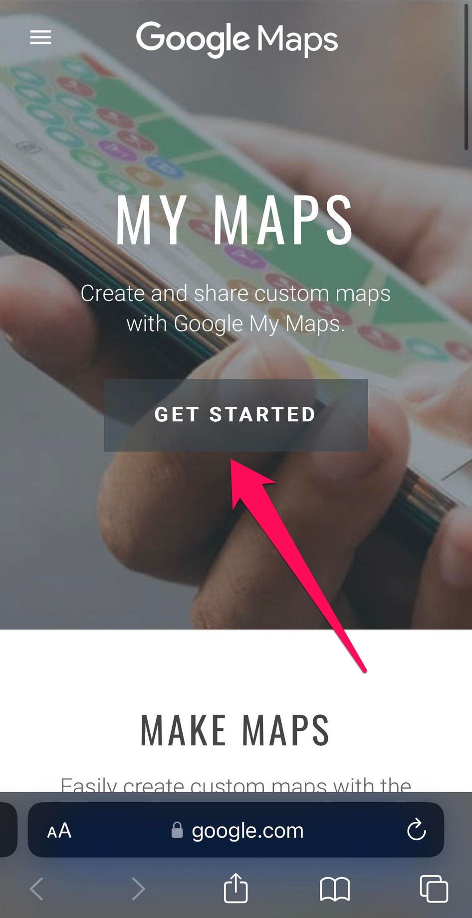 Visualizzazione mobile della pagina "Le mie mappe" su Google Maps, con una freccia che punta al pulsante "Inizia".
