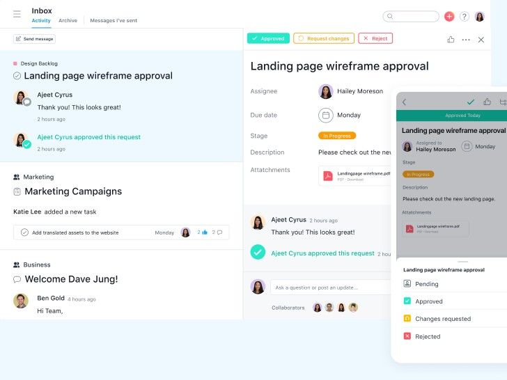 Dashboard della posta in arrivo di Asana con messaggi e attività imminenti.