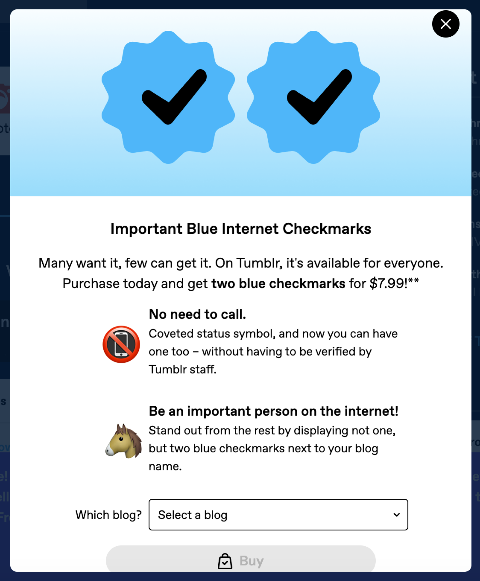 Uno screenshot di Tumblr Mart, dove puoi acquistare segni di spunta blu.