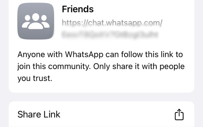 Esempio di collegamento di invito per la community di WhatsApp iPhone