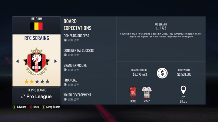 Uno screenshot di FIFA 23 che mostra la bacheca informativa di RFC Seraing.